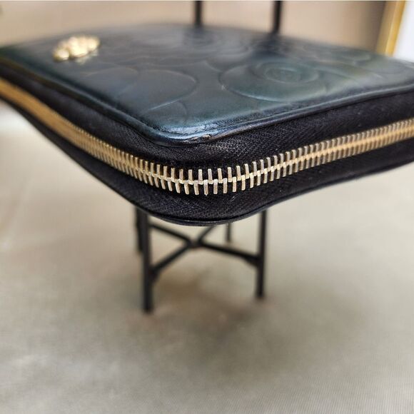 Authentic Chanel Lambskin Camellia Embossed Zip Around Organizer Wallet Black - Picture 8 of 17